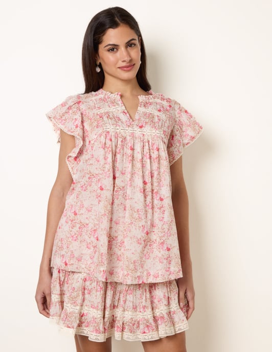 Ditsy Floral Cotton Ruffle Sleeve Top - Image 2