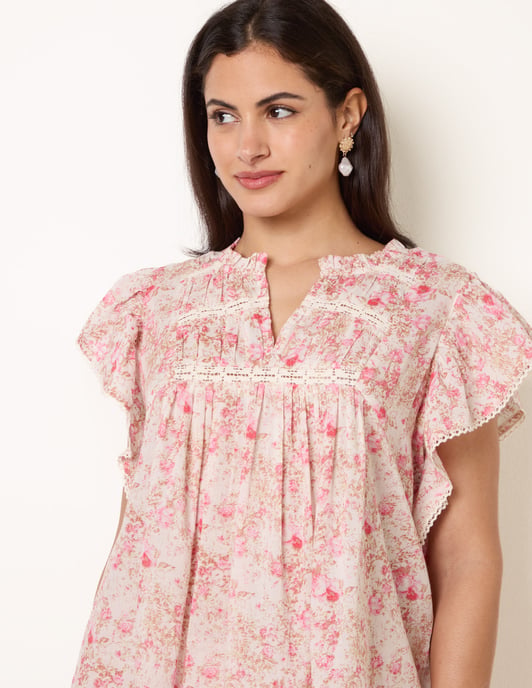 Ditsy Floral Cotton Ruffle Sleeve Top - Image 3
