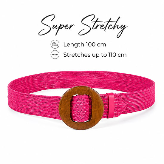 Women’s Woven Elastic Dress Belt Straw-Look Waist Belt with Wooden Buckle in Fuchsia - Image 2