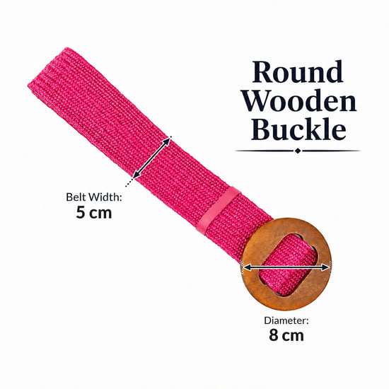 Women’s Woven Elastic Dress Belt Straw-Look Waist Belt with Wooden Buckle in Fuchsia - Image 4