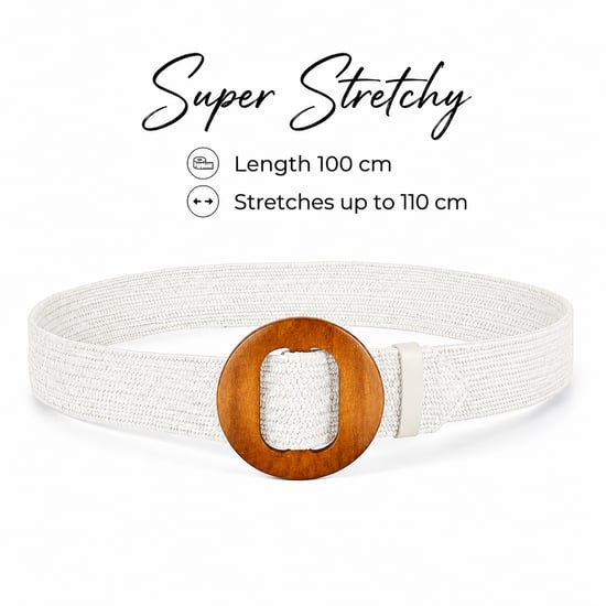 Women’s Woven Elastic Dress Belt Straw-Look Waist Belt with Wooden Buckle in White - Image 2