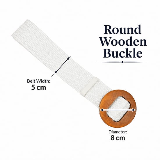 Women’s Woven Elastic Dress Belt Straw-Look Waist Belt with Wooden Buckle in White - Image 4