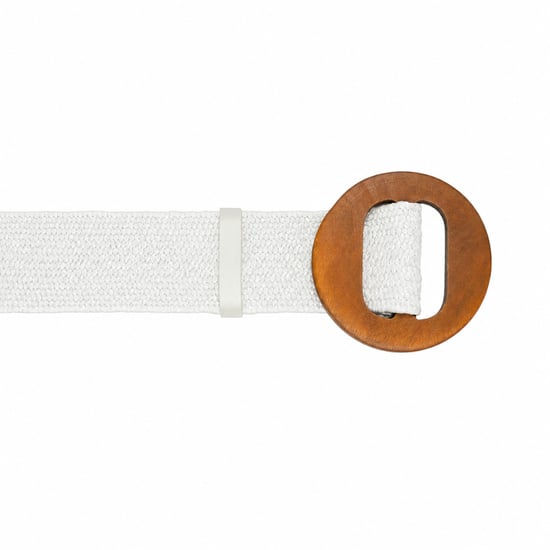 Women’s Woven Elastic Dress Belt Straw-Look Waist Belt with Wooden Buckle in White - Image 6