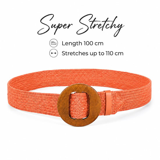 Women’s Woven Elastic Dress Belt Straw-Look Waist Belt with Wooden Buckle in Orange - Image 2
