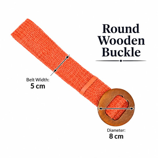Women’s Woven Elastic Dress Belt Straw-Look Waist Belt with Wooden Buckle in Orange - Image 4