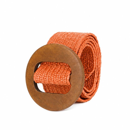 Women’s Woven Elastic Dress Belt Straw-Look Waist Belt with Wooden Buckle in Orange - Image 5