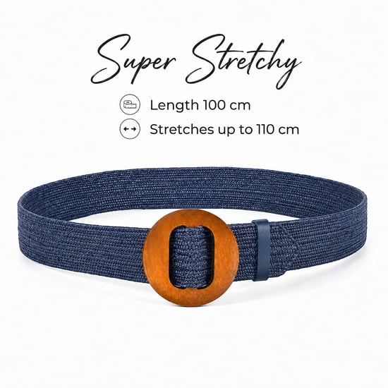 Women’s Woven Elastic Dress Belt Straw-Look Waist Belt with Wooden Buckle in Navy - Image 2
