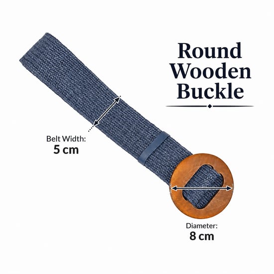 Women’s Woven Elastic Dress Belt Straw-Look Waist Belt with Wooden Buckle in Navy - Image 4