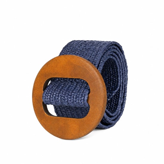 Women’s Woven Elastic Dress Belt Straw-Look Waist Belt with Wooden Buckle in Navy - Image 5
