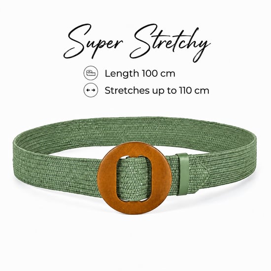 Women’s Woven Elastic Dress Belt Straw-Look Waist Belt with Wooden Buckle in Green - Image 2