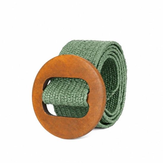 Women’s Woven Elastic Dress Belt Straw-Look Waist Belt with Wooden Buckle in Green - Image 5