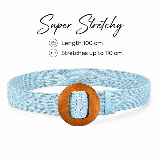 Women’s Woven Elastic Dress Belt Straw-Look Waist Belt with Wooden Buckle in Blue - Image 2