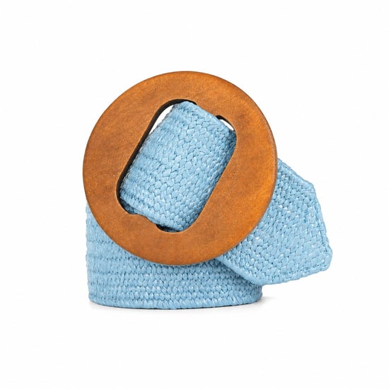 Women’s Woven Elastic Dress Belt Straw-Look Waist Belt with Wooden Buckle in Blue - Image 3
