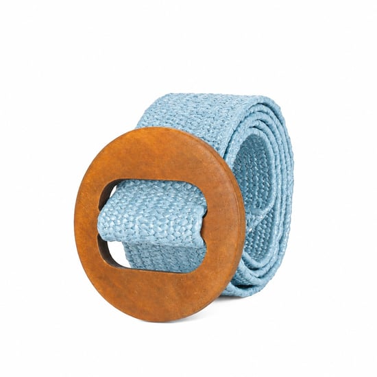 Women’s Woven Elastic Dress Belt Straw-Look Waist Belt with Wooden Buckle in Blue - Image 5