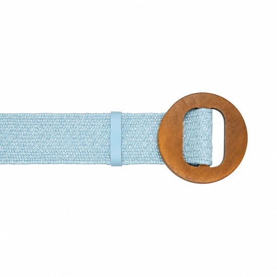 Women’s Woven Elastic Dress Belt Straw-Look Waist Belt with Wooden Buckle in Blue - Image 6