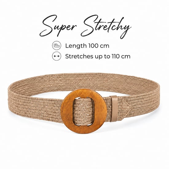 Women’s Woven Elastic Dress Belt Straw-Look Waist Belt with Wooden Buckle in Chocolate - Image 2