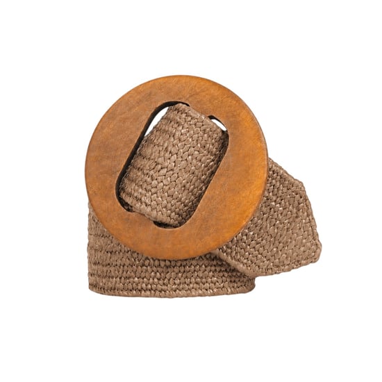 Women’s Woven Elastic Dress Belt Straw-Look Waist Belt with Wooden Buckle in Chocolate - Image 3