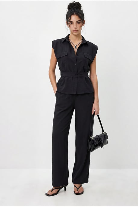 Belted Sleeveless Blouse And Wide-Leg Trousers Set - Image 1