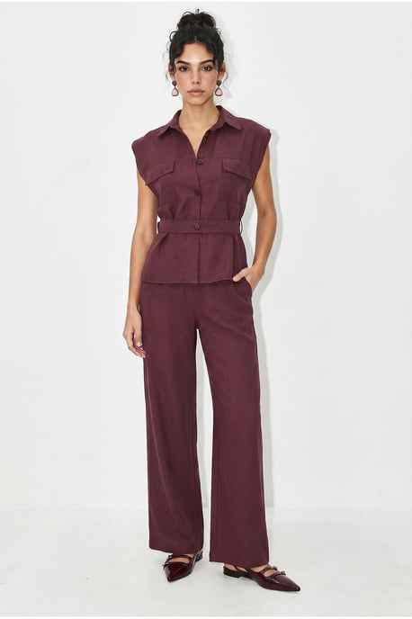 Belted Sleeveless Blouse And Wide-Leg Trousers Set - Image 1