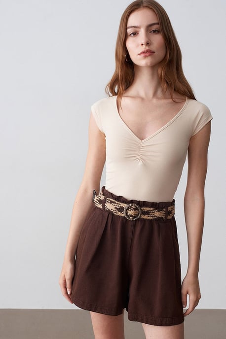 Hoge Taille Wijdvallende Poplin Shorts Met Tailleband - Image 4