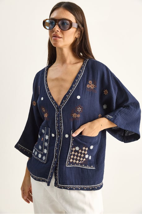 Embroidered Cotton Crepe V-Neck Shirt - Image 1