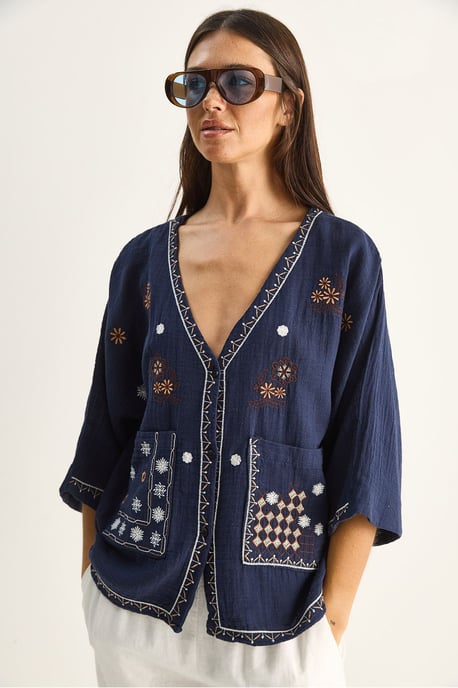 Embroidered Cotton Crepe V-Neck Shirt - Image 2