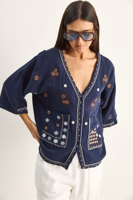 Embroidered Cotton Crepe V-Neck Shirt - Image 3
