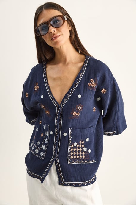 Embroidered Cotton Crepe V-Neck Shirt - Image 4