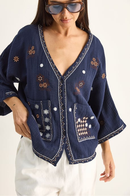 Embroidered Cotton Crepe V-Neck Shirt - Image 5