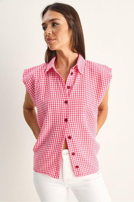 Gingham Cotton Sleeveless Shirt - Image 1
