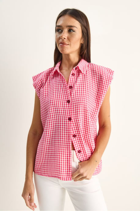 Gingham Cotton Sleeveless Shirt - Image 2