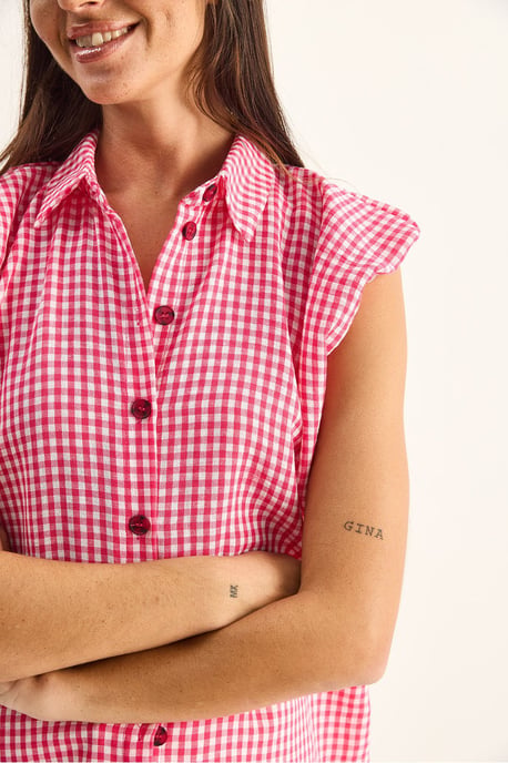 Gingham Cotton Sleeveless Shirt - Image 5