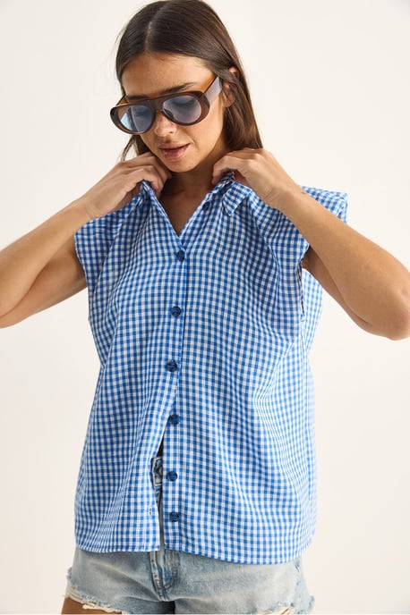 Gingham Cotton Sleeveless Shirt - Image 5
