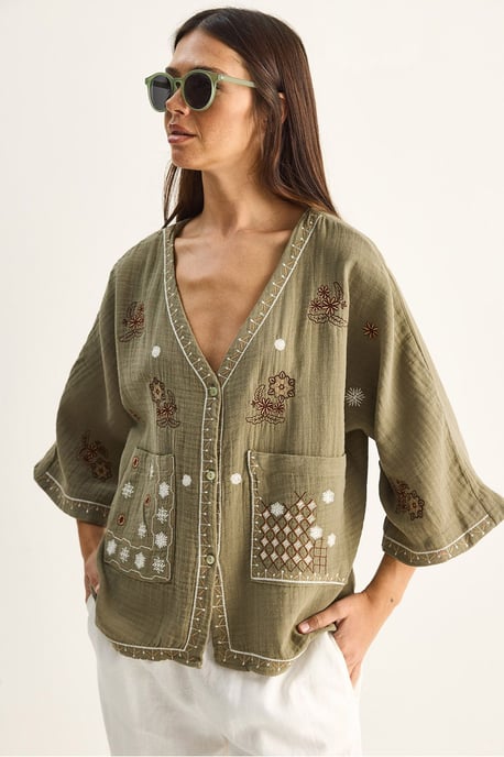 Embroidered Cotton Crepe V-Neck Shirt - Image 1