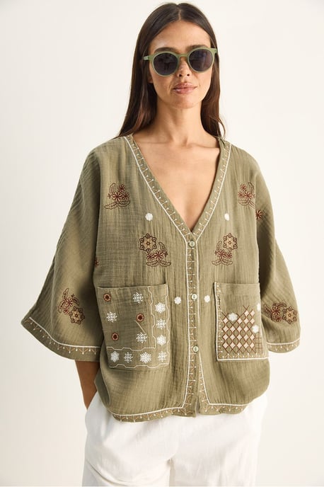 Embroidered Cotton Crepe V-Neck Shirt - Image 2