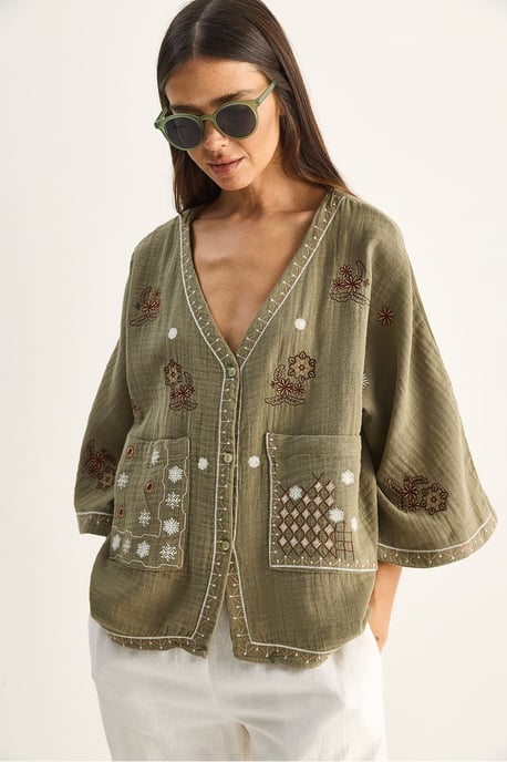 Embroidered Cotton Crepe V-Neck Shirt - Image 3