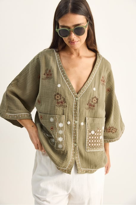 Embroidered Cotton Crepe V-Neck Shirt - Image 4