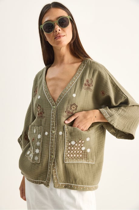 Embroidered Cotton Crepe V-Neck Shirt - Image 5