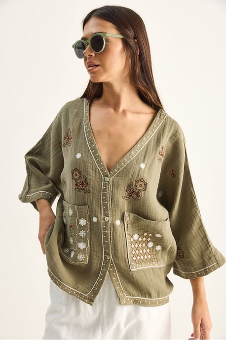 Embroidered Cotton Crepe V-Neck Shirt - Image 6