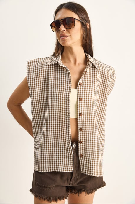 Gingham Cotton Sleeveless Shirt - Image 1