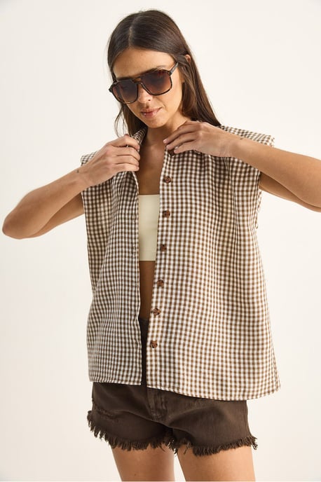 Gingham Cotton Sleeveless Shirt - Image 2