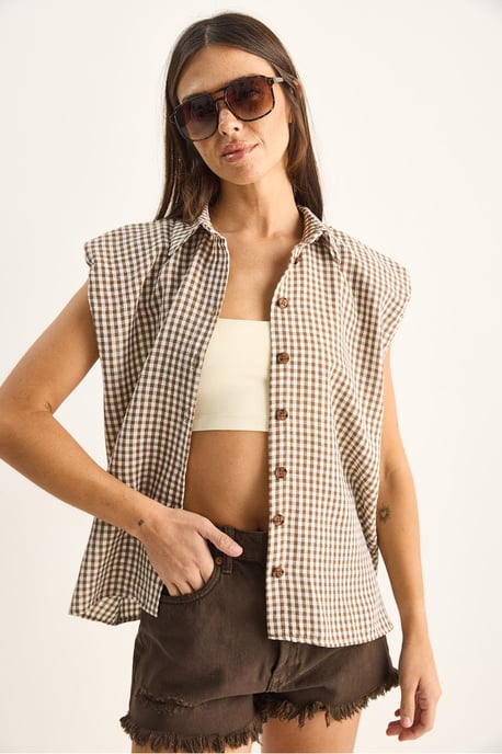 Gingham Cotton Sleeveless Shirt - Image 3