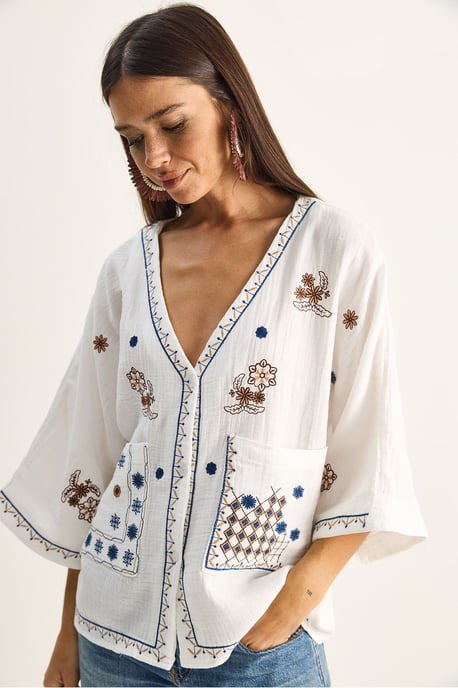 Embroidered Cotton Crepe V-Neck Shirt - Image 1