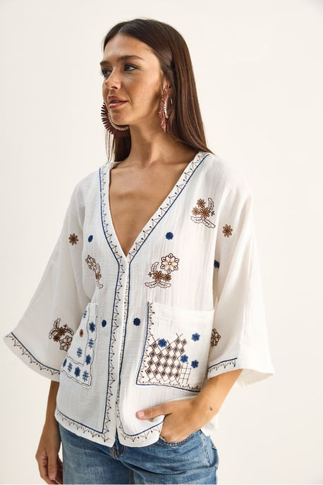 Embroidered Cotton Crepe V-Neck Shirt - Image 2