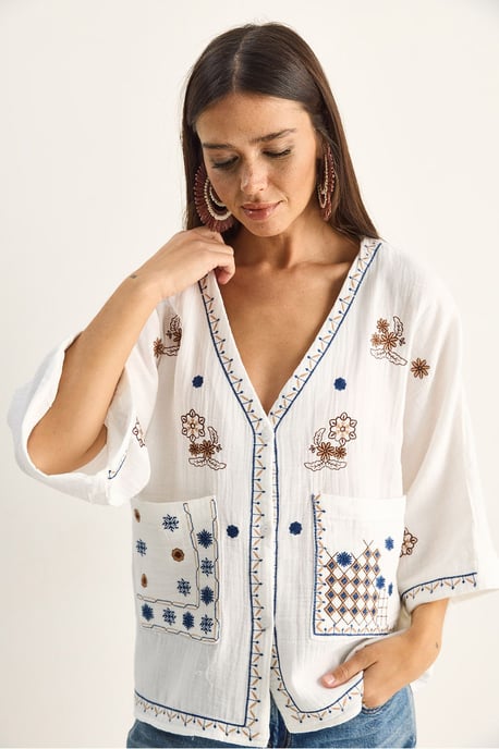 Embroidered Cotton Crepe V-Neck Shirt - Image 3