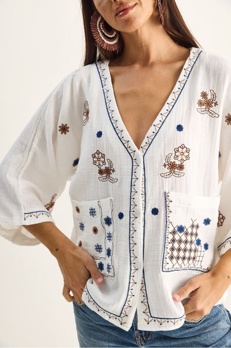 Embroidered Cotton Crepe V-Neck Shirt - Image 4