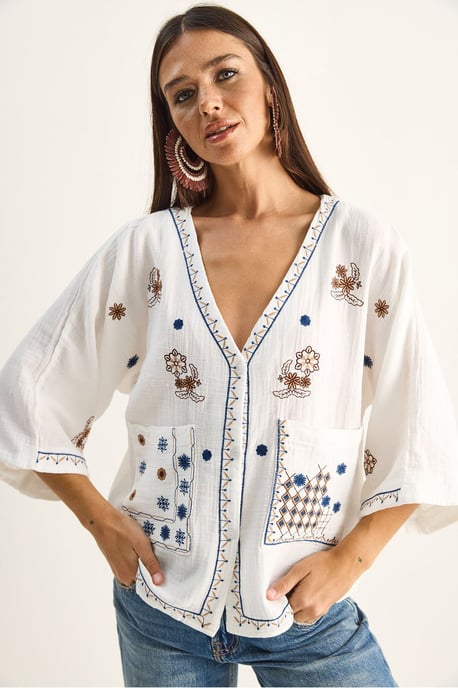 Embroidered Cotton Crepe V-Neck Shirt - Image 5