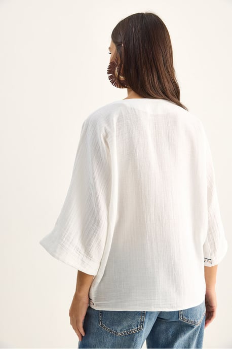 Embroidered Cotton Crepe V-Neck Shirt - Image 6