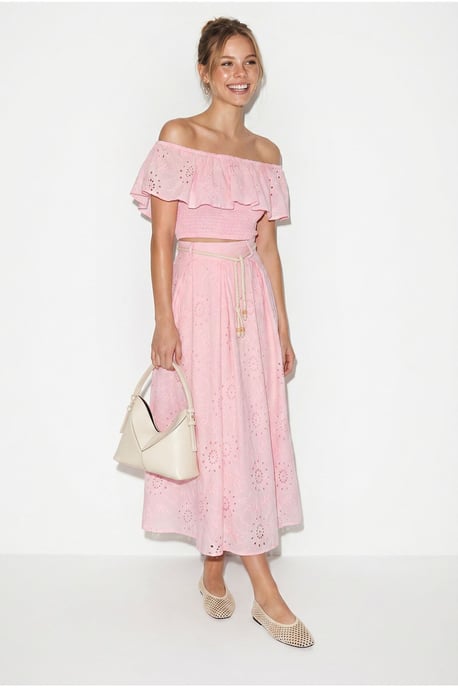 Embroidered Off-shoulder Blouse And Midi Skirt Set - Image 1