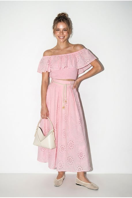 Embroidered Off-shoulder Blouse And Midi Skirt Set - Image 2